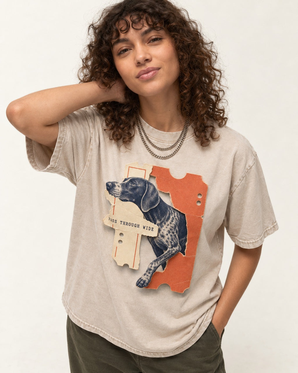 German Shorthaired Pointer Pass Through Wide Ticket Graphic Washed Tee in Apricot, worn by a model