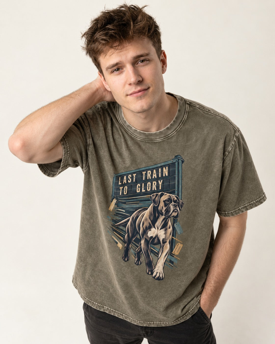 Last Train to Glory Boxer Washed Tee in Army Green, worn by a model