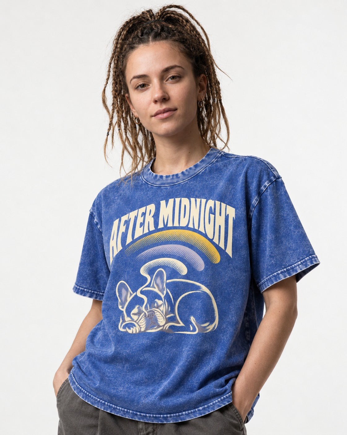 Frenchie After Midnight Sleeping Graphic Washed Tee in Royal Blue, worn by a model