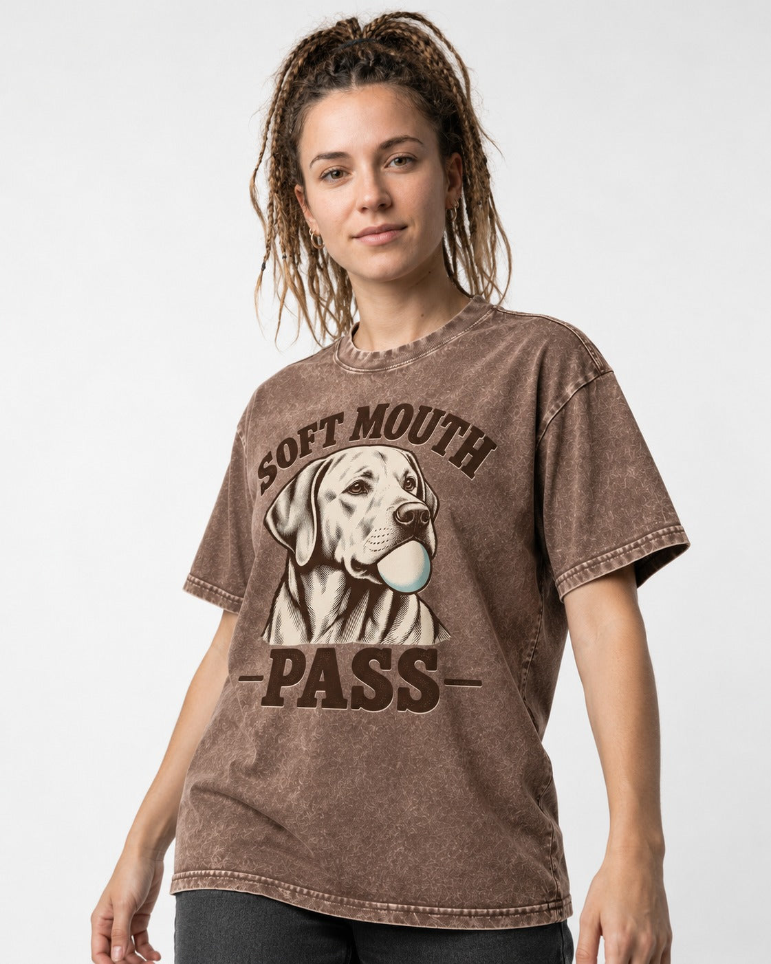 Soft Mouth Pass Labrador Retriever Washed Tee in Coffee, worn by a model