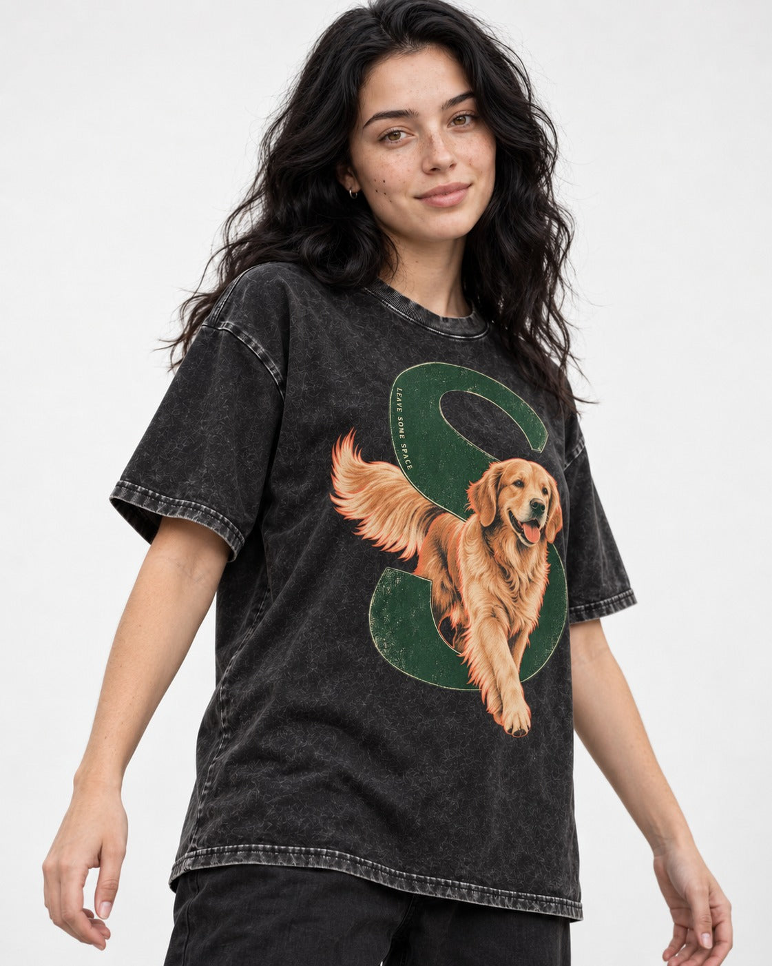 Golden Retriever Leave Some Space Monogram Graphic Washed Tee in Black, worn by a model