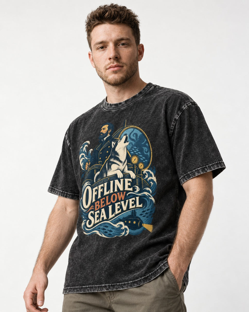 Husky Offline Below Sea Level Nautical Submarine Graphic Washed Tee in Black, worn by a model