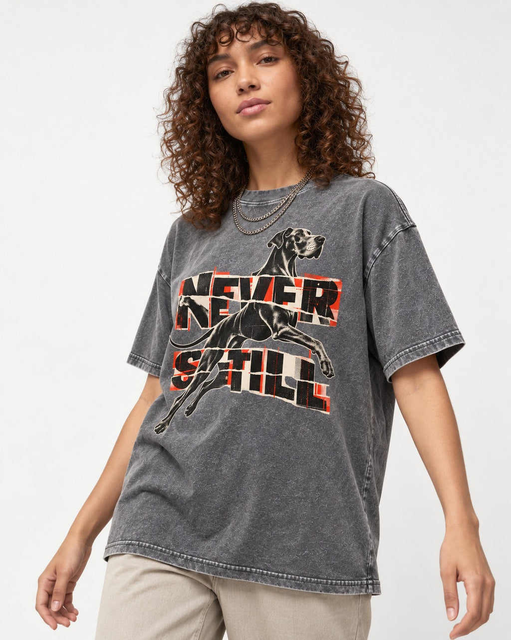 Great Dane Never Still Leaping Collage Graphic Washed Tee in Gray, worn by a model