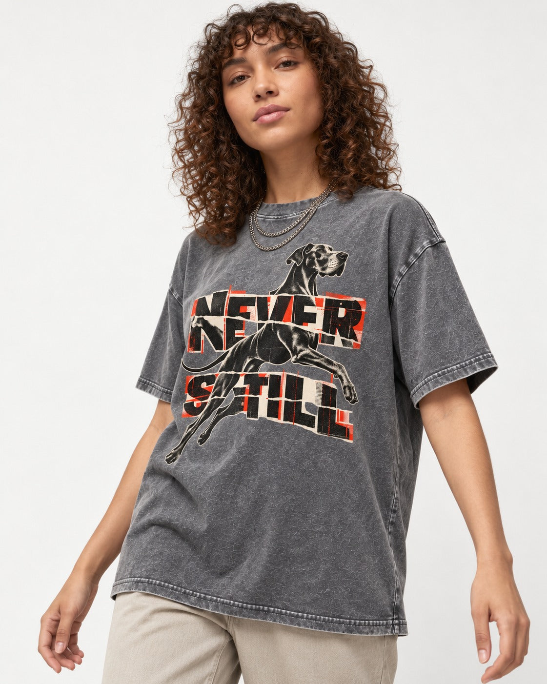 Great Dane Never Still Leaping Collage Graphic Washed Tee in Gray, worn by a model