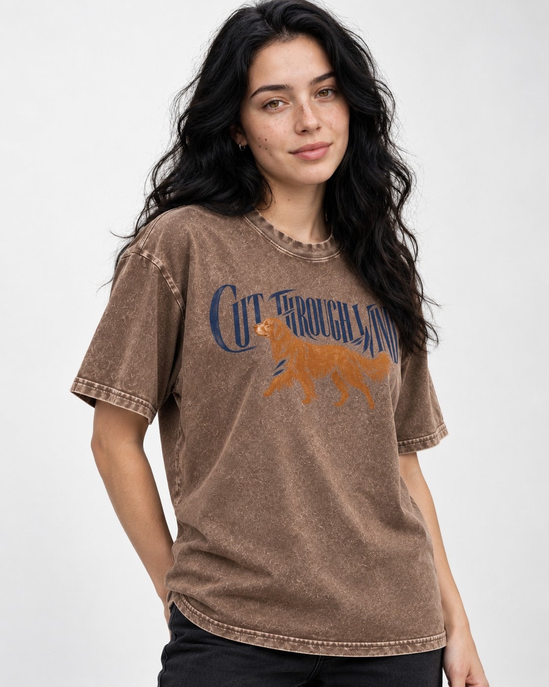 Golden Retriever Cut Through Land Washed Tee in Coffee, worn by a model