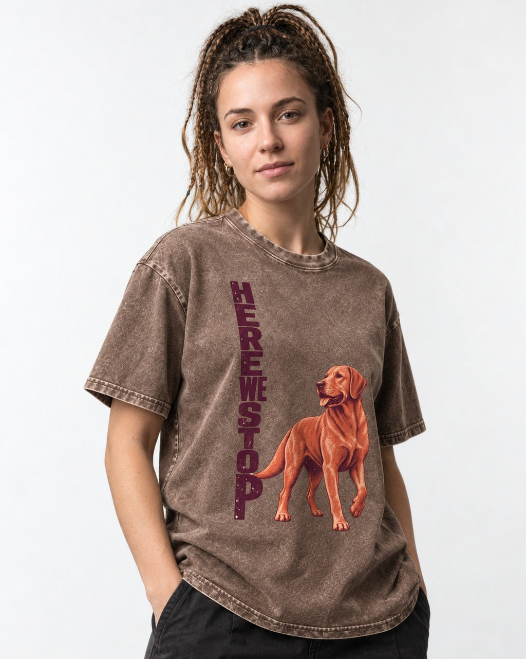 Here We Stop Labrador Retriever Washed Tee in Coffee, worn by a model