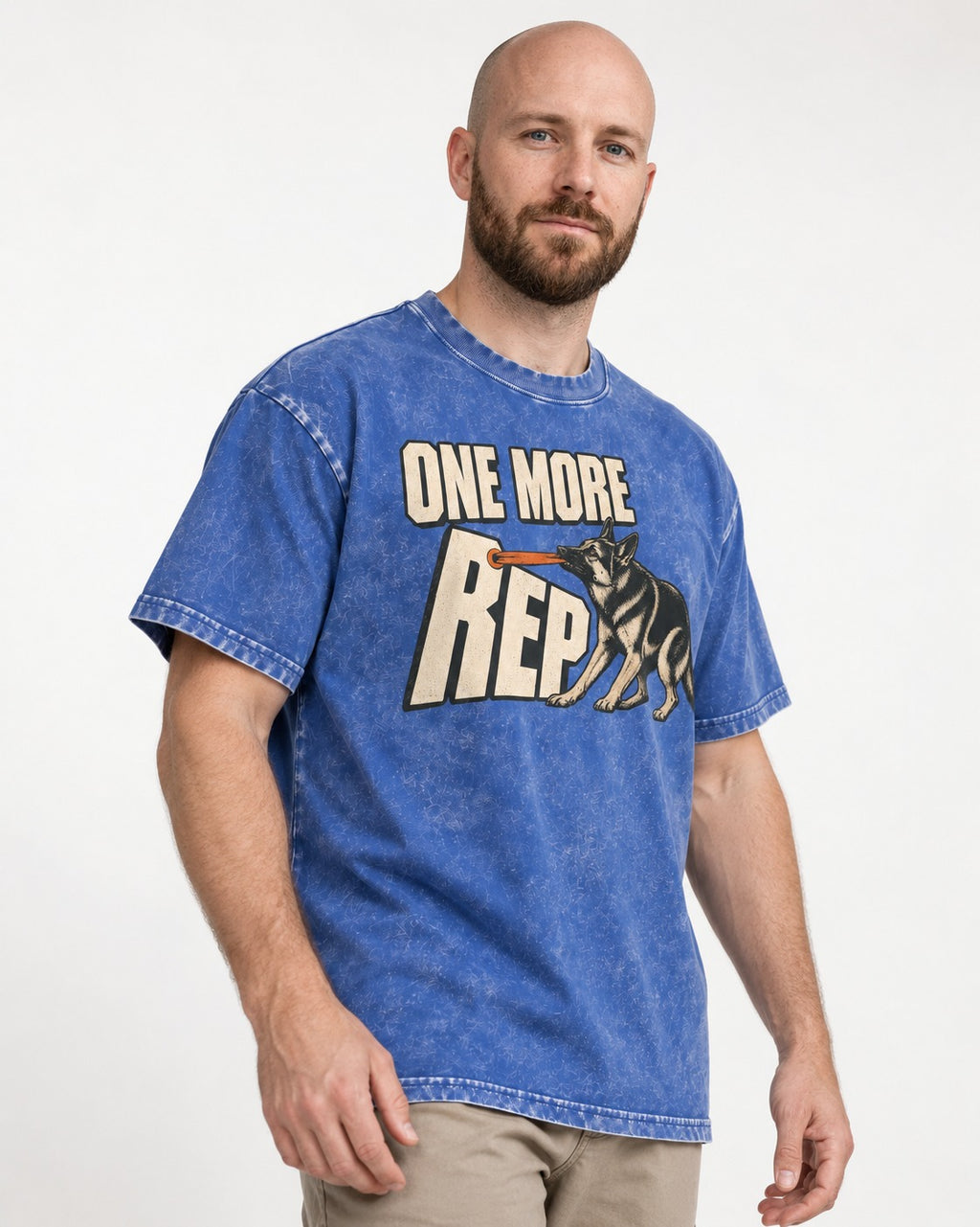 One More Rep Tug German Shepherd Dog Graphic Washed Tee in Royal Blue, worn by a model