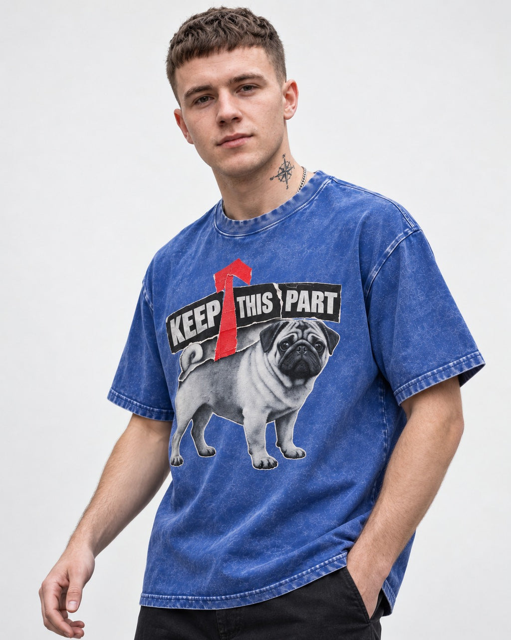 Pug Keep This Part Tape Arrow Graphic Washed Tee in Royal Blue, worn by a model