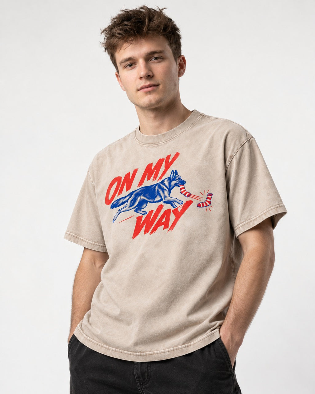 German Shepherd Dog On My Way Sock Chase Graphic Washed Tee in Apricot, worn by a model