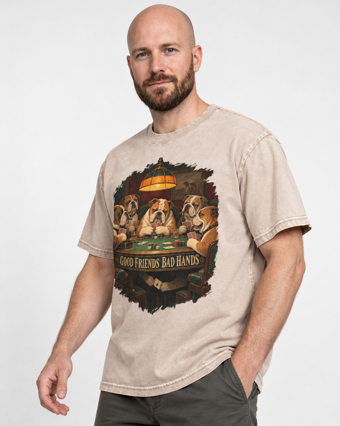 English Bulldog Good Friends Bad Hands Poker Graphic Washed Tee in Apricot, worn by a model