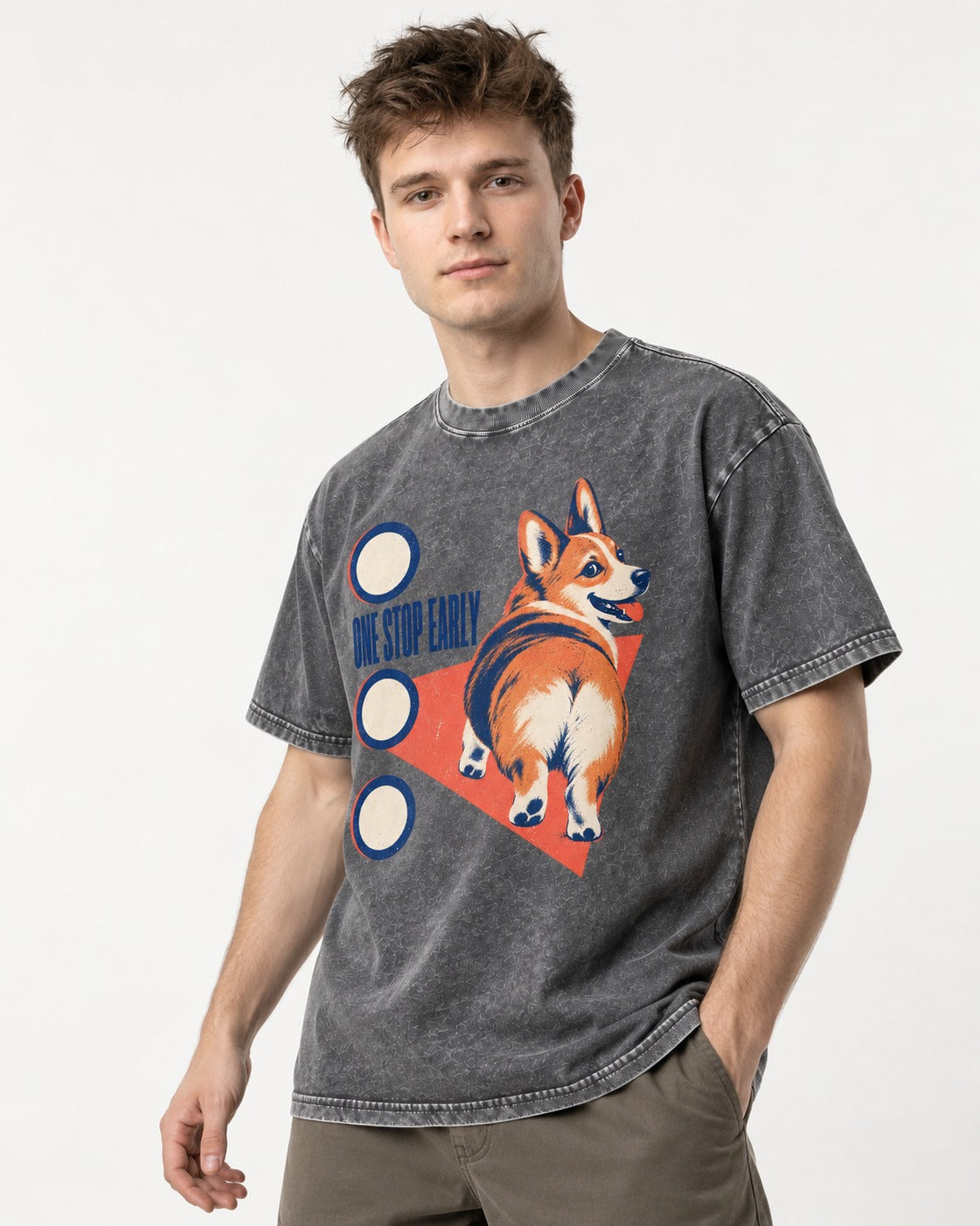 One Stop Early Corgi Washed Tee in Gray, worn by a model