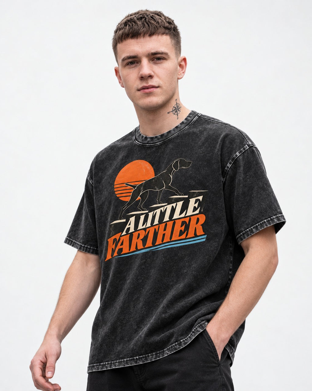 German Shorthaired Pointer A Little Farther Sunset Steps Graphic Washed Tee in Black, worn by a model