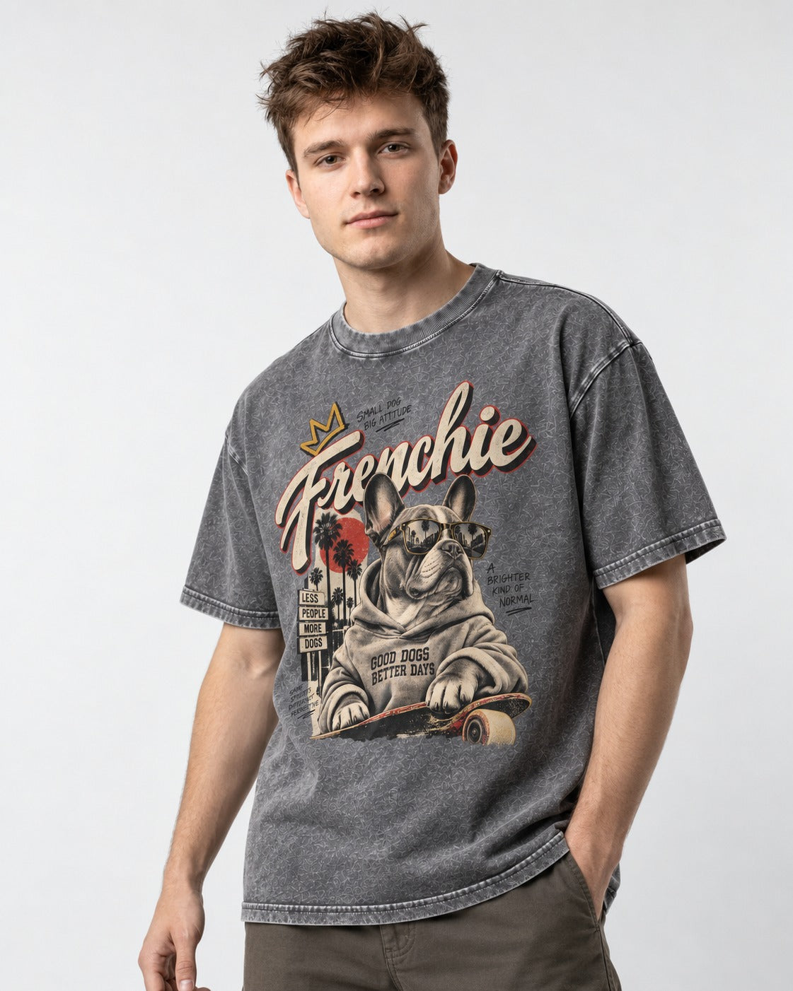 Frenchie Better Days Washed Tee in Gray, worn by a model