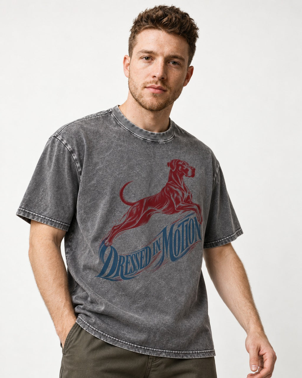 Great Dane Dressed in Motion Washed Tee in Gray, worn by a model