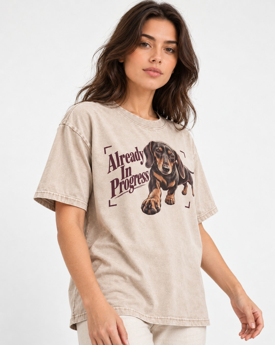 Dachshund Already in Progress Washed Tee in Apricot, worn by a model