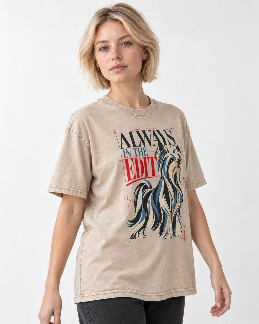 Always in the Edit Yorkshire Terrier Washed Tee in Apricot, worn by a model