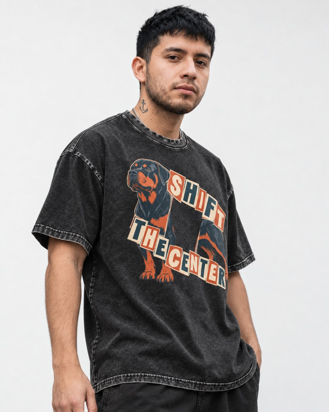 Rottweiler Shift the Center Cutout Letter Graphic Washed Tee in Black, worn by a model