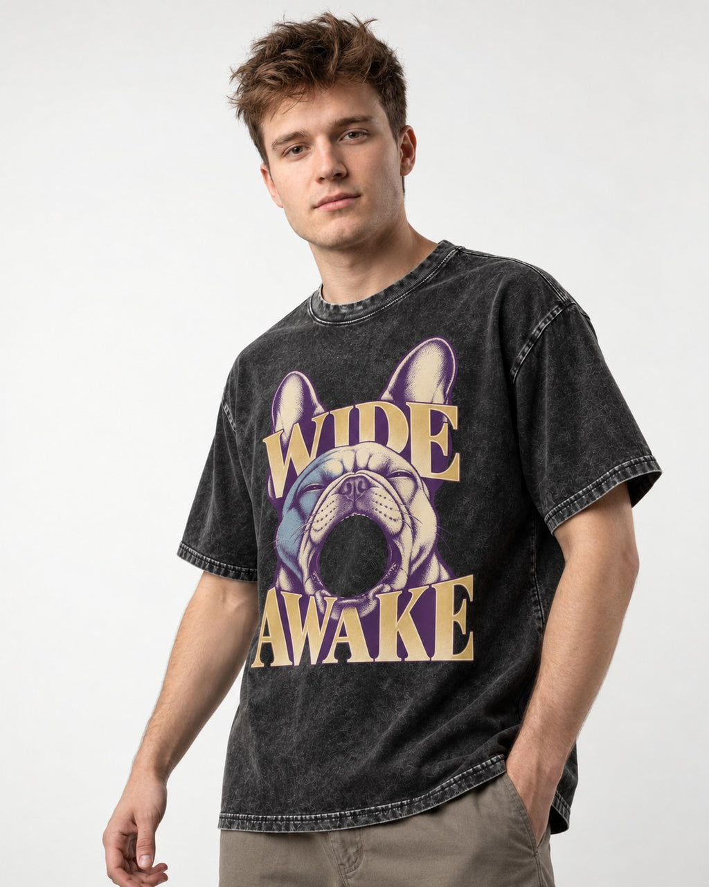 Frenchie Wide Awake Yawn Graphic Washed Tee in Black, worn by a model