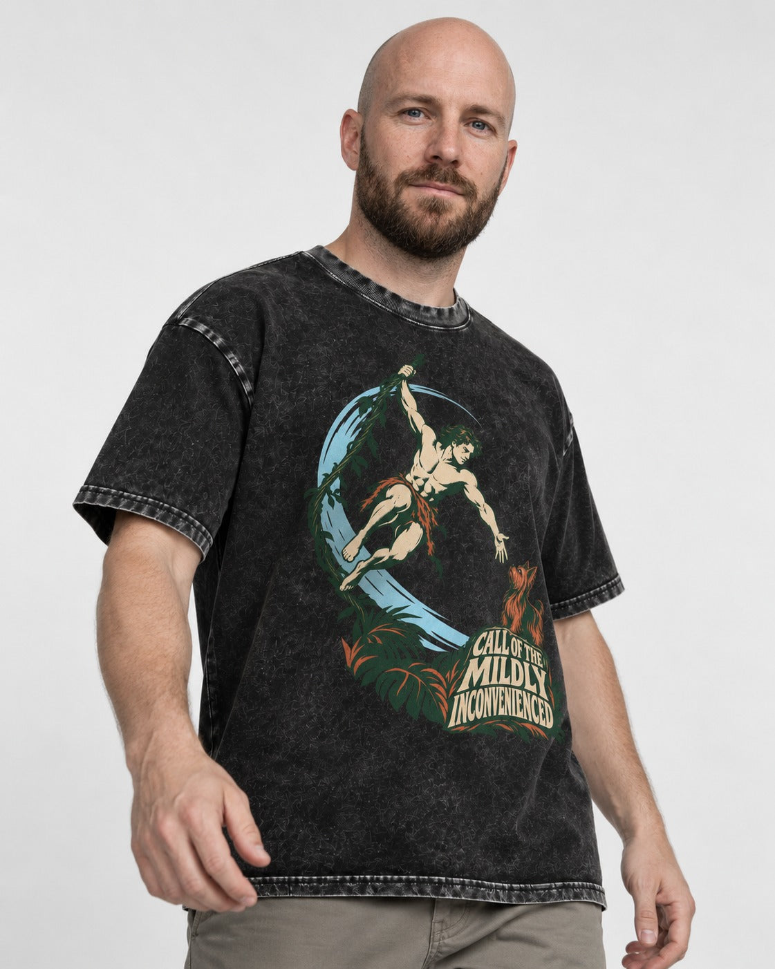 Yorkshire Terrier Call of the Mildly Inconvenienced Vine Swing Graphic Washed Tee in Black, worn by a model