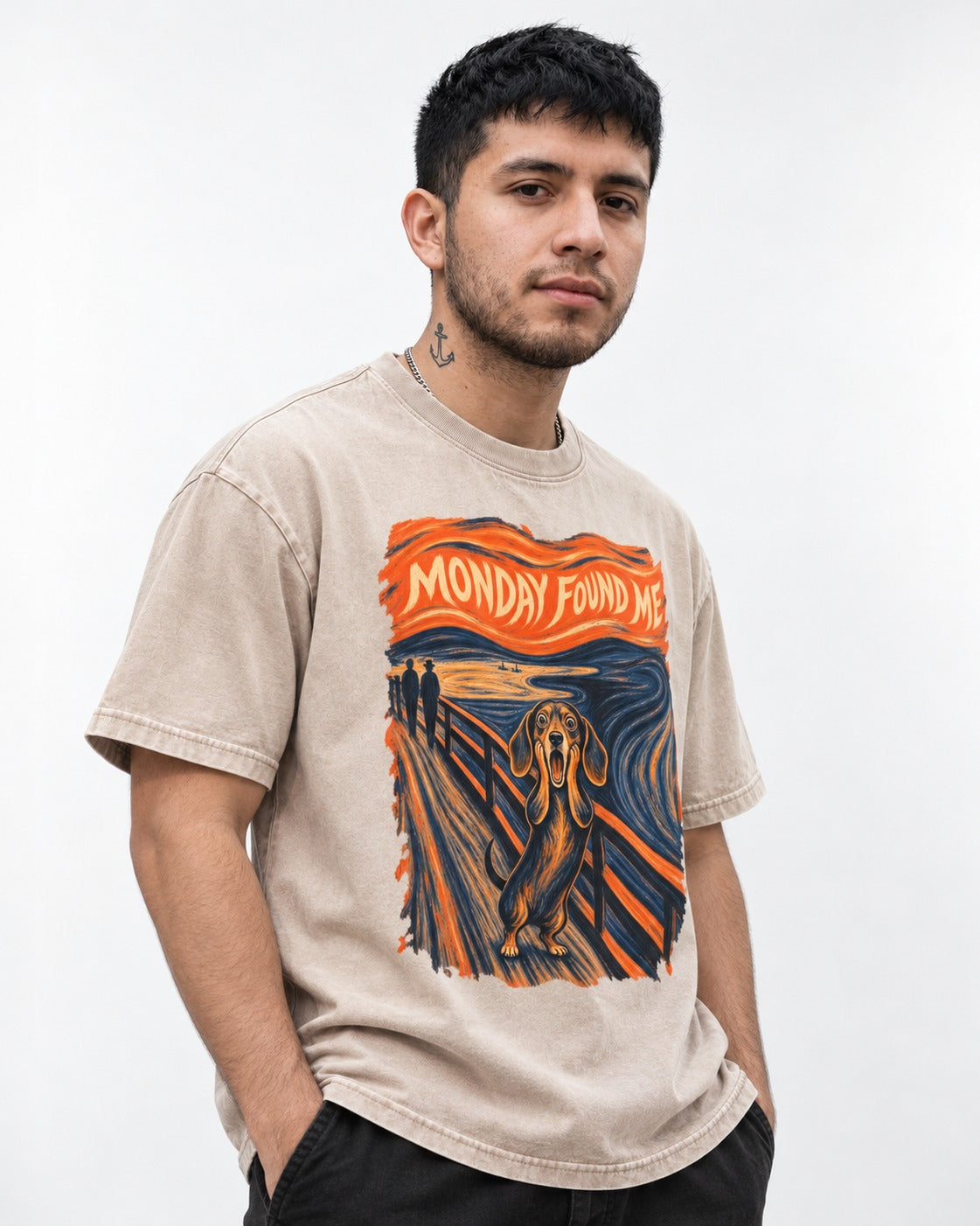 Dachshund Monday Found Me Scream Poster Washed Tee in Apricot, worn by a model