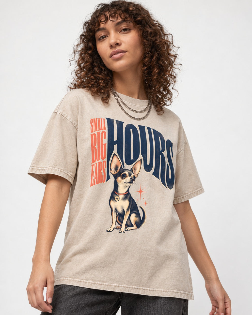 Chihuahua Small Big Ears Hours Washed Tee in Apricot, worn by a model