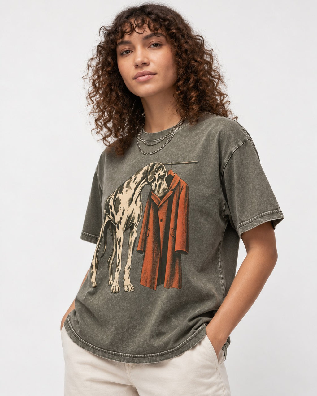 Great Dane Harlequin Coat Rack Overcoat Graphic Washed Tee in Army Green, worn by a model