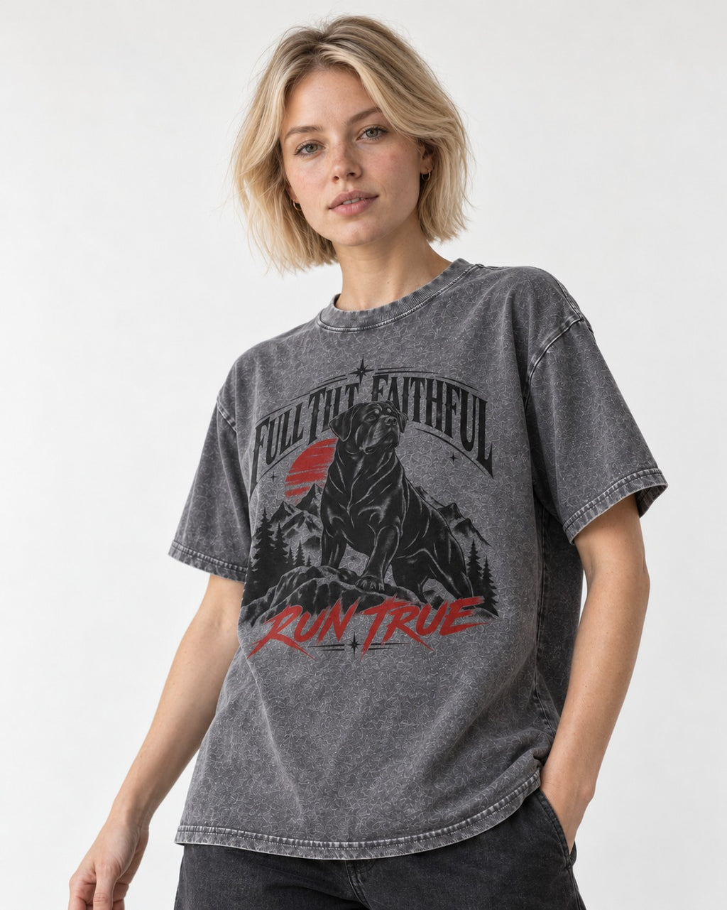 Run True Rottweiler Washed Tee in Gray, worn by a model