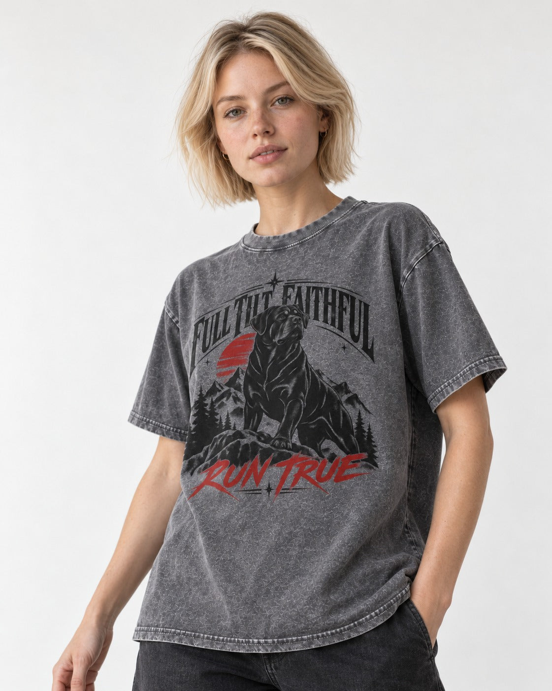 Run True Rottweiler Washed Tee in Gray, worn by a model