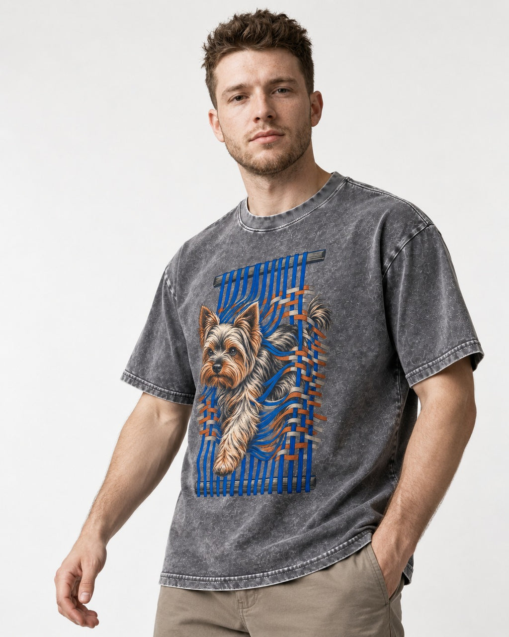Yorkshire Terrier Unbound Washed Tee in Gray, worn by a model