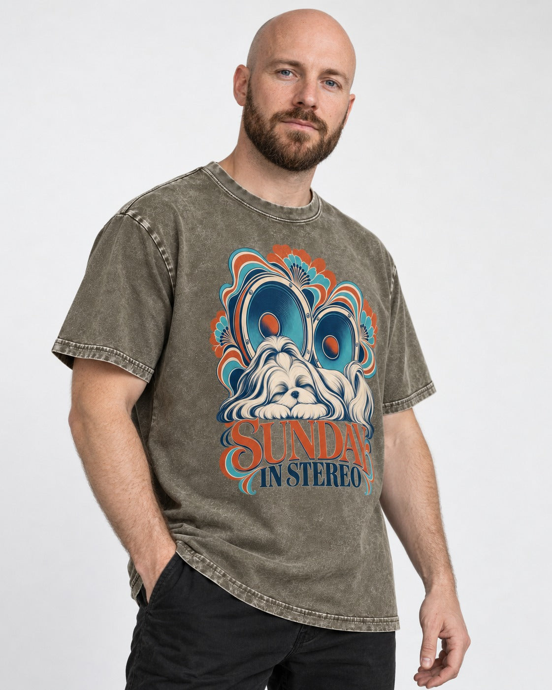 Shih Tzu Sunday in Stereo Retro Speaker Graphic Washed Tee in Army Green, worn by a model