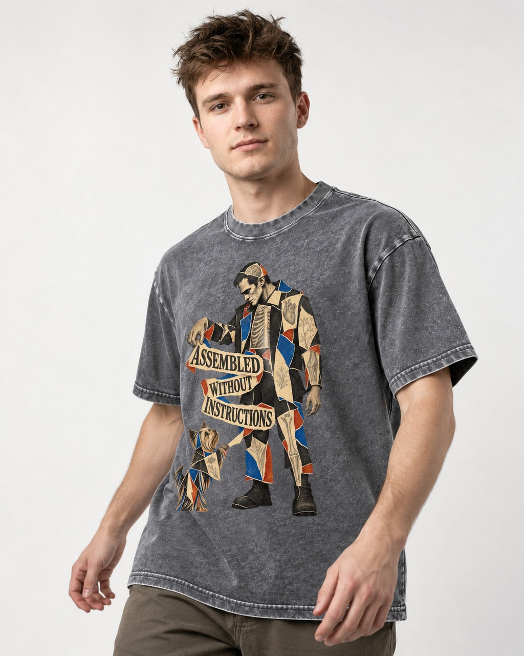 Yorkshire Terrier Assembled Without Instructions Washed Tee in Gray, worn by a model