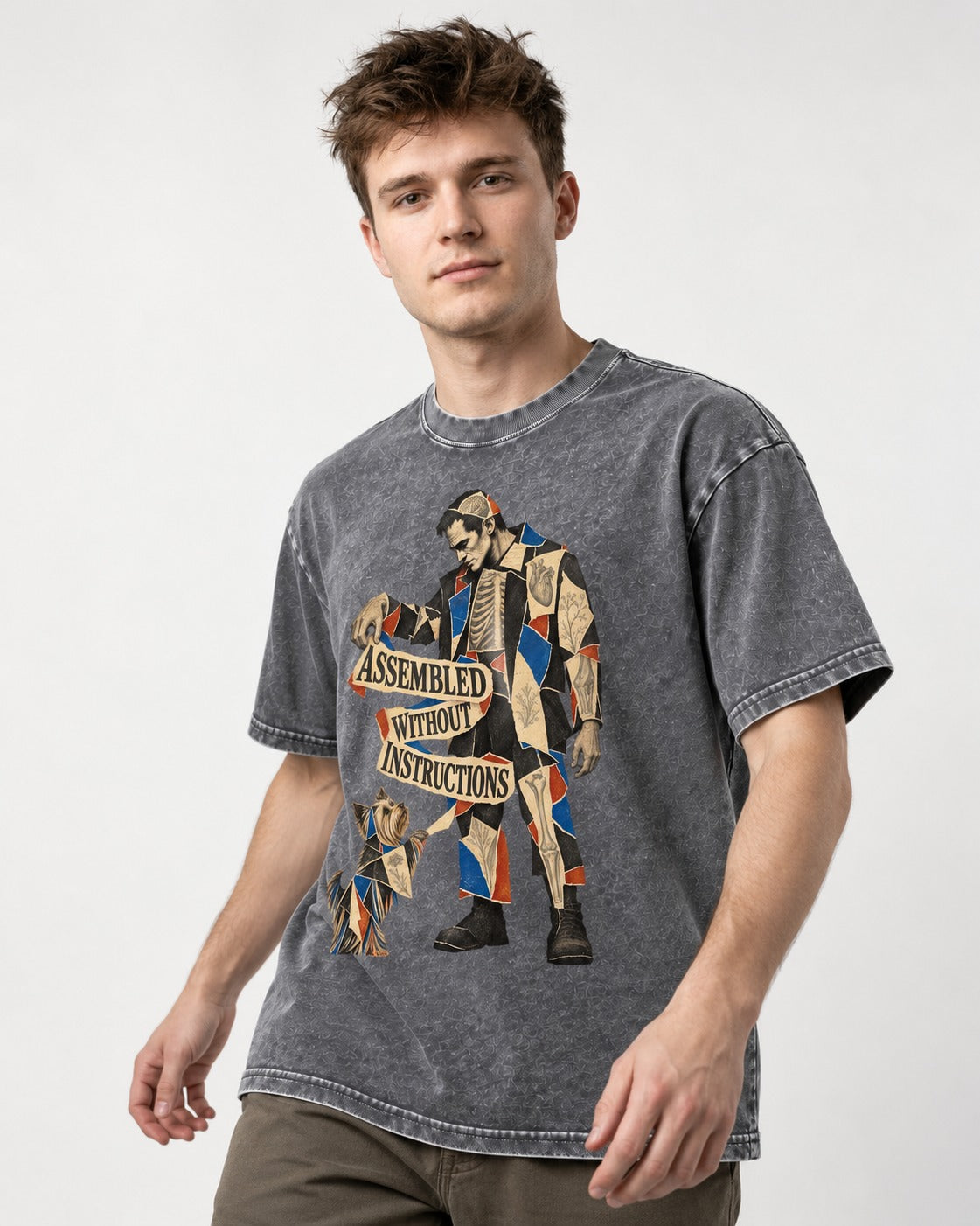 Yorkshire Terrier Assembled Without Instructions Washed Tee in Gray, worn by a model