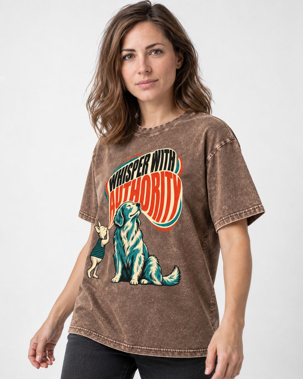 Golden Retriever Whisper with Authority Washed Tee in Coffee, worn by a model