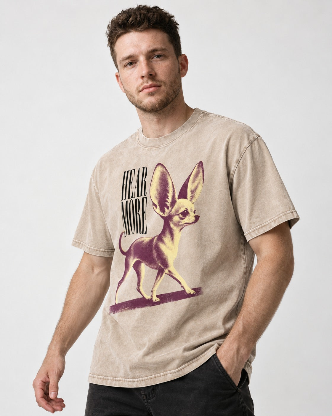 Hear More Chihuahua Washed Tee in Apricot, worn by a model