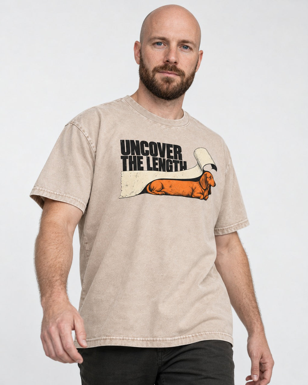 Uncover the Dachshund Length Washed Tee in Apricot, worn by a model