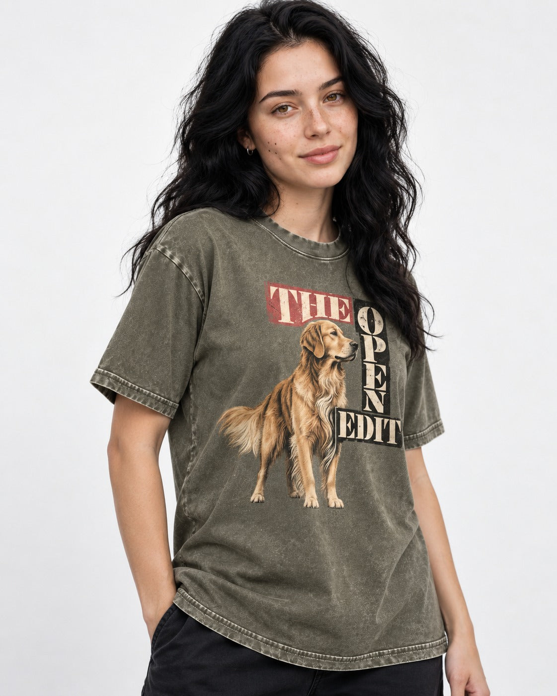Golden Retriever The Open Edit Typography Portrait Graphic Washed Tee in Army Green, worn by a model