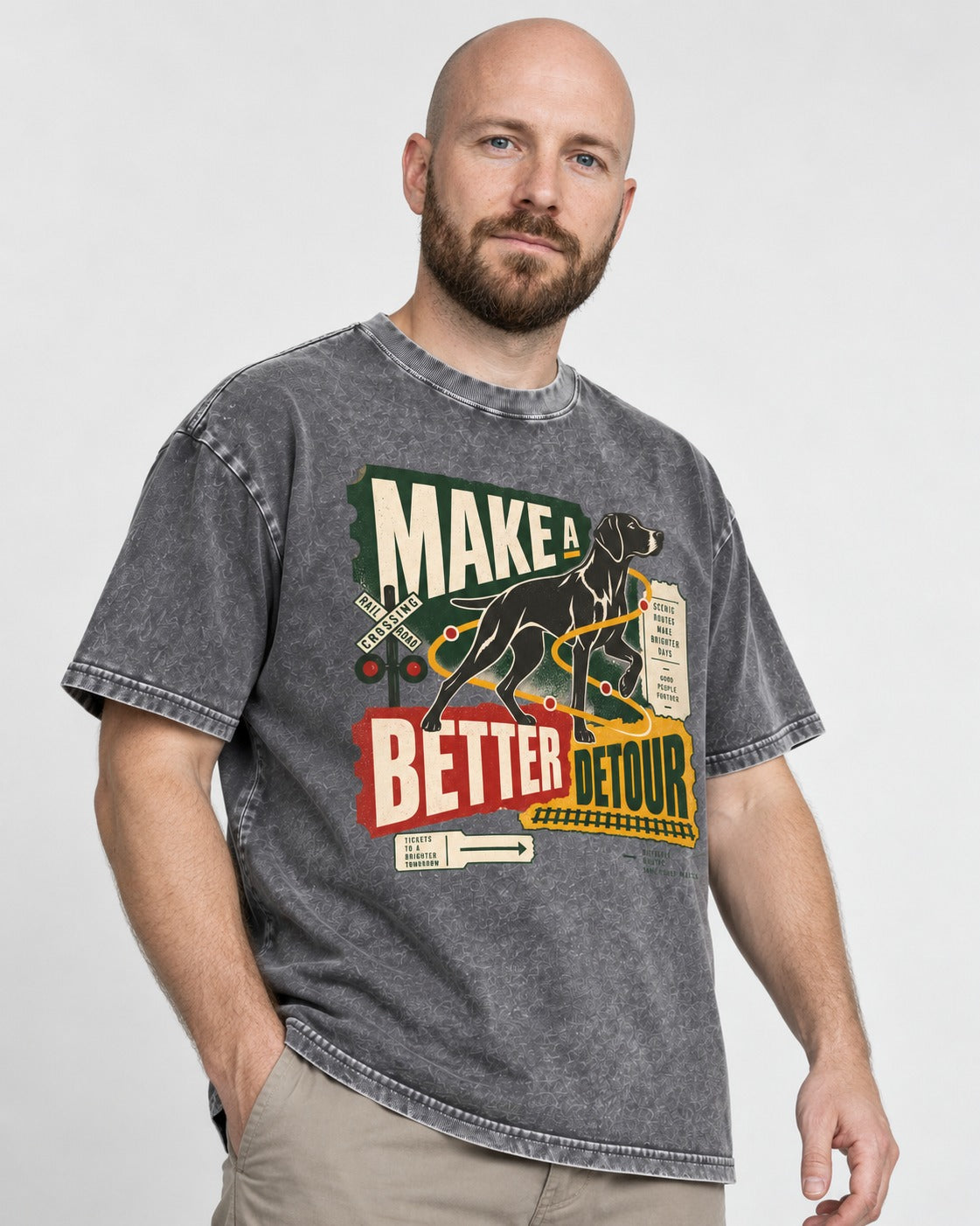 German Shorthaired Pointer Make a Better Detour Railroad Graphic Washed Tee in Gray, worn by a model