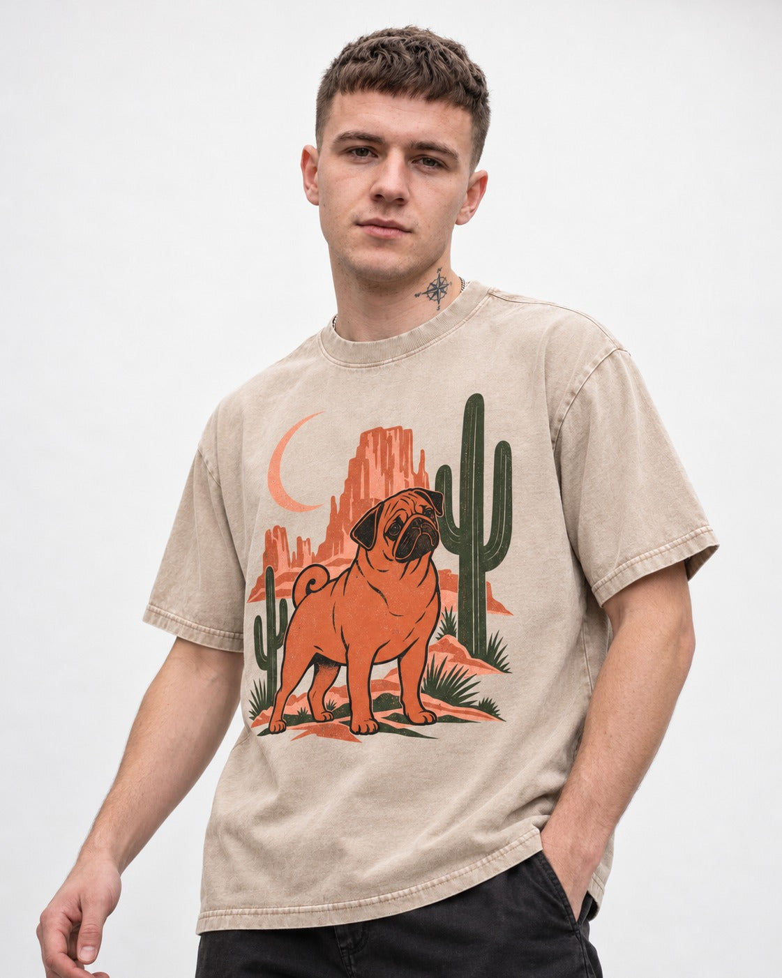 Pug Wild at Heart Washed Tee in Apricot, worn by a model