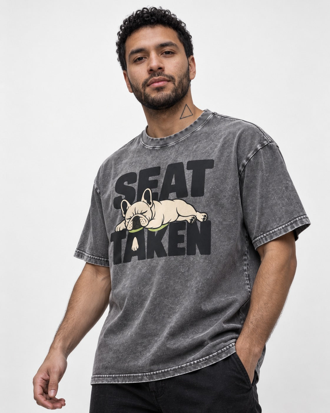 Seat Taken by Frenchie Washed Tee in Gray, worn by a model