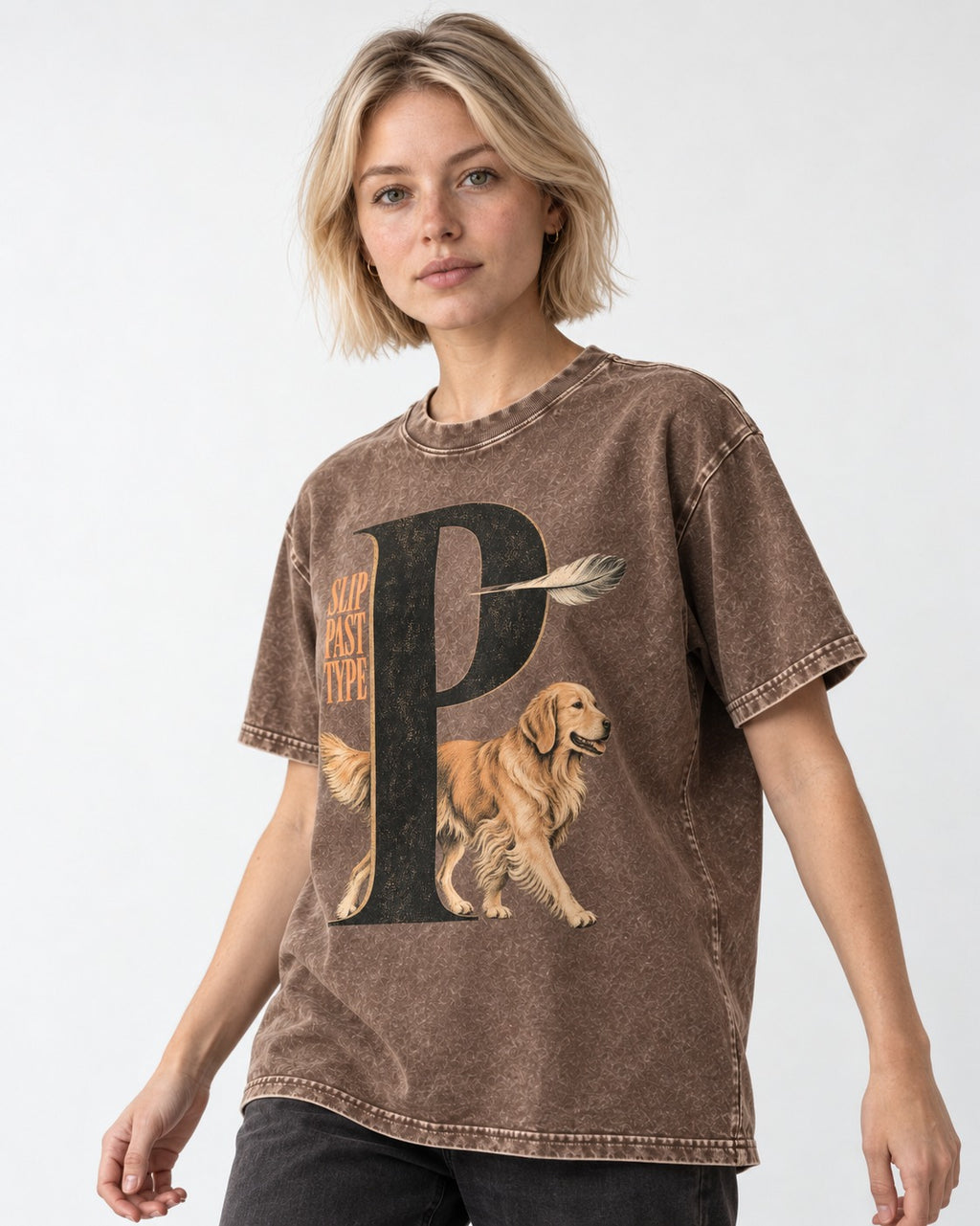 Golden Retriever Slip Past Type Washed Tee in Coffee, worn by a model