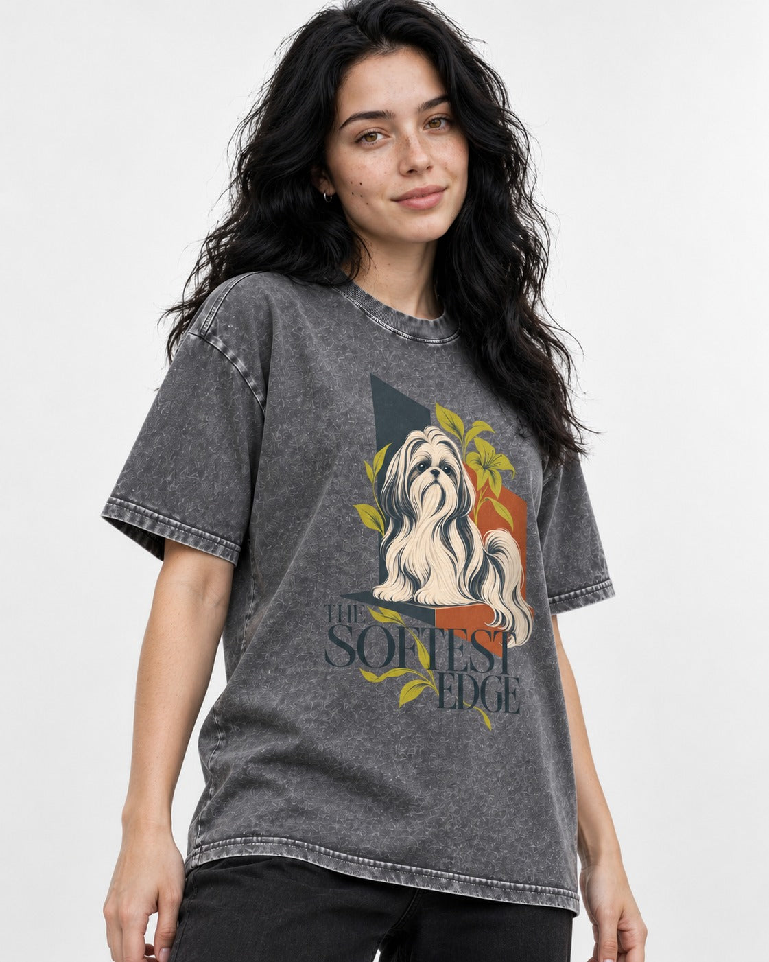 Shih Tzu The Softest Edge Washed Tee in Gray, worn by a model