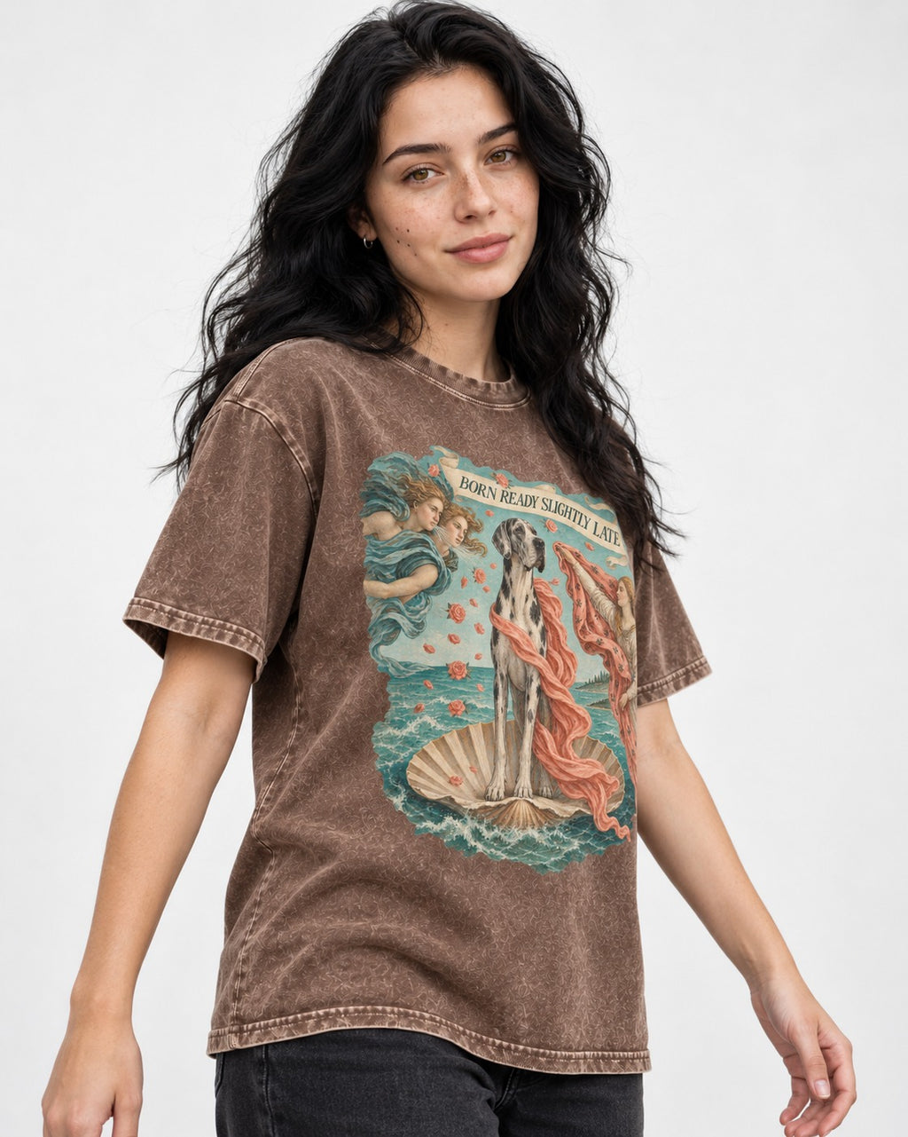 Great Dane Born Ready Slightly Late Washed Tee in Coffee, worn by a model