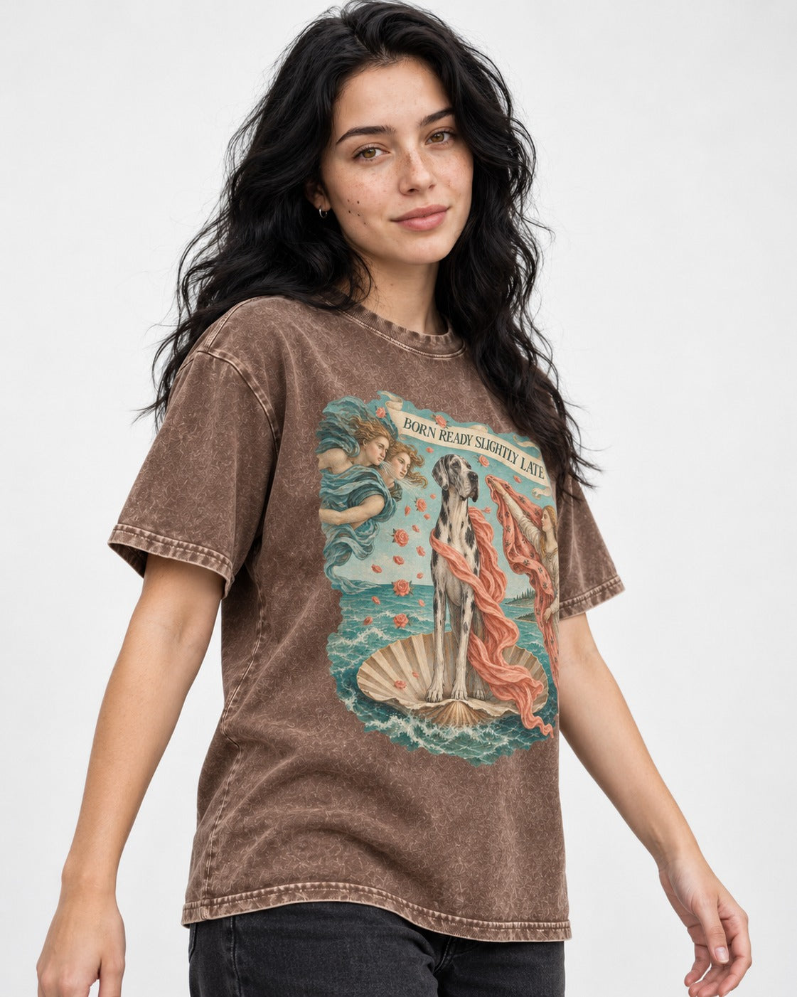 Great Dane Born Ready Slightly Late Washed Tee in Coffee, worn by a model