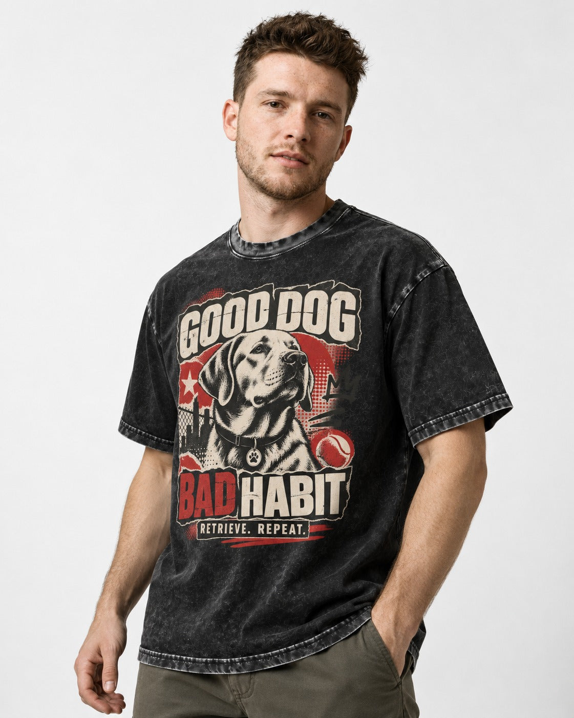 Labrador Retriever Good Dog Bad Habit Poster Graphic Washed Tee in Black, worn by a model