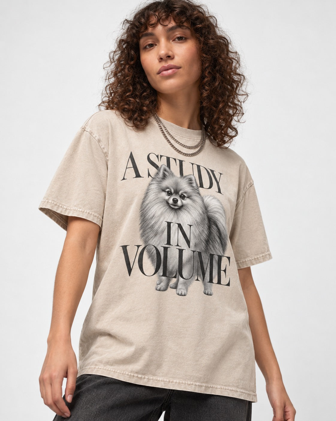 Pomeranian Study in Volume Washed Tee in Apricot, worn by a model