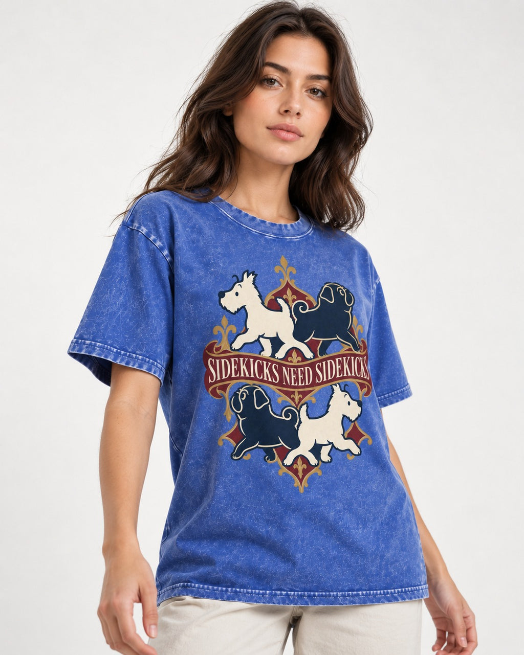 Pug Sidekicks Need Sidekicks Heraldic Graphic Washed Tee in Royal Blue, worn by a model