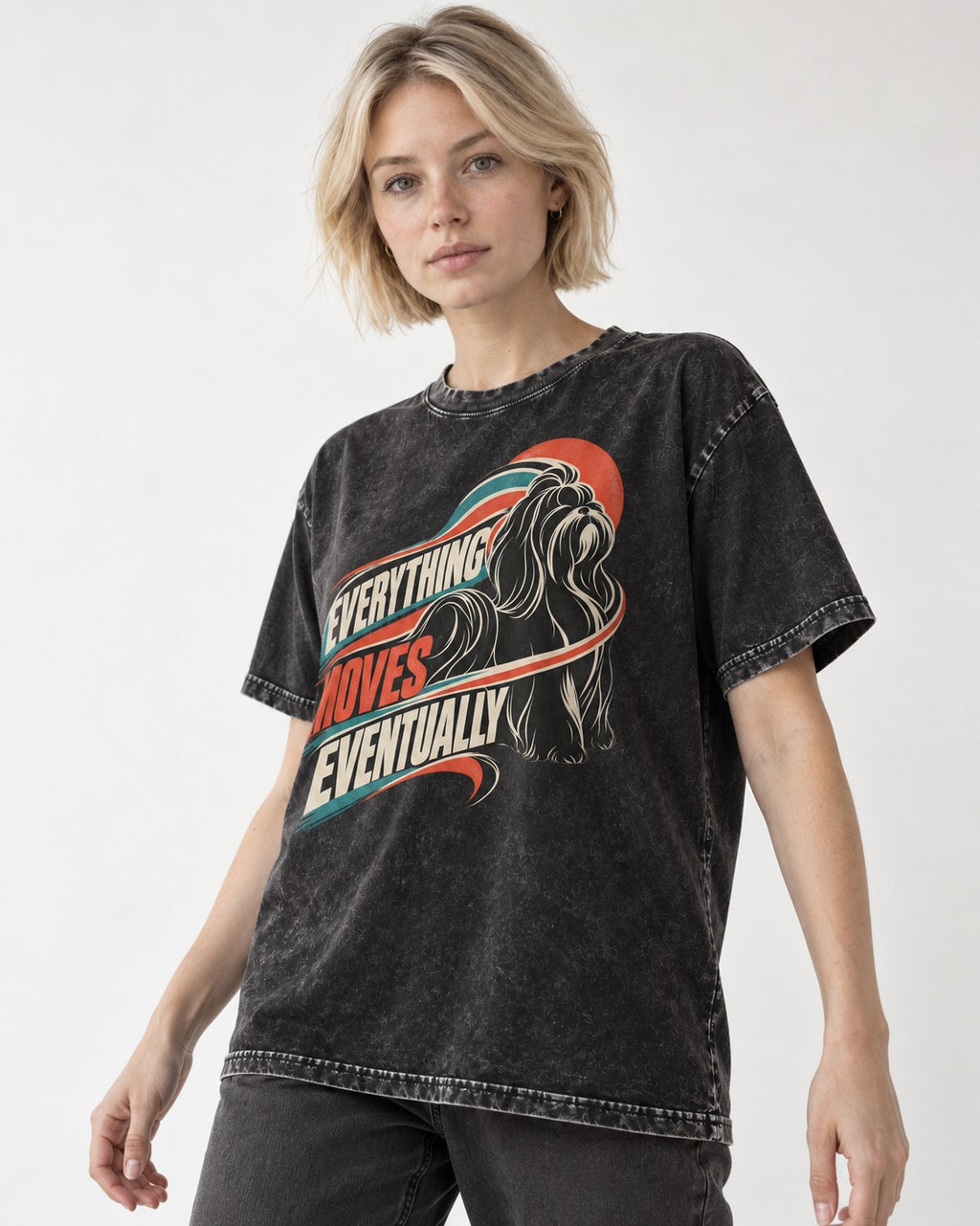 Shih Tzu Everything Moves Eventually Retro Speed Graphic Washed Tee in Black, worn by a model