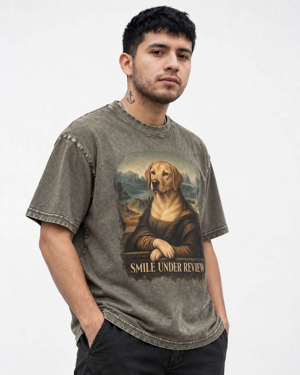Labrador Retriever Smile Under Review Mona Lisa Graphic Washed Tee in Army Green, worn by a model