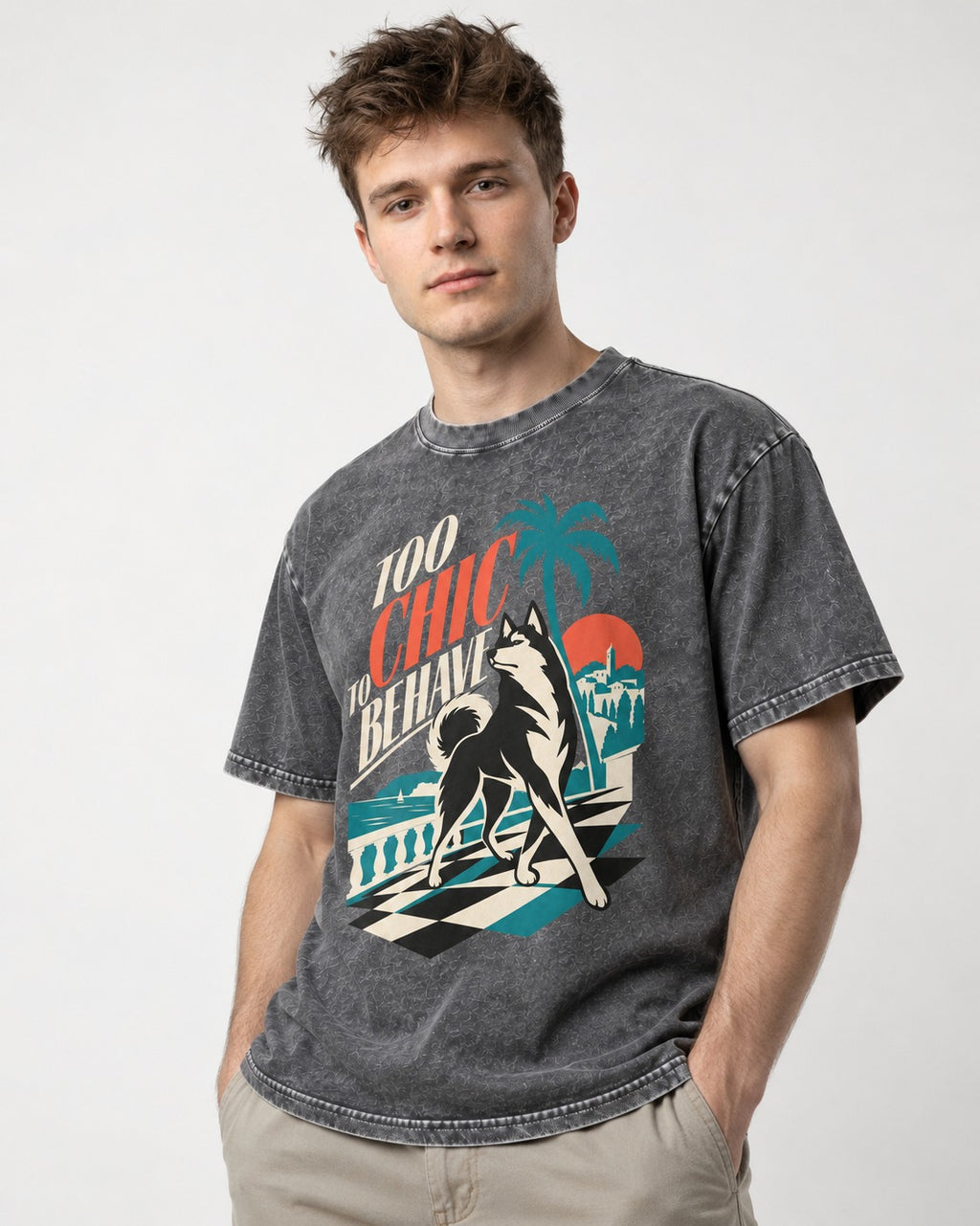 Husky Too Chic to Behave Riviera Graphic Washed Tee in Gray, worn by a model