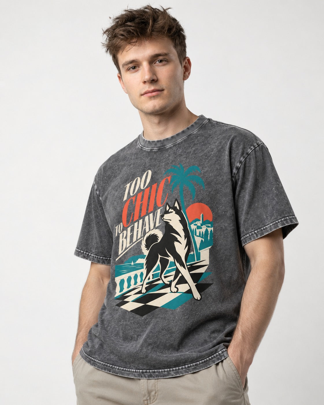 Husky Too Chic to Behave Riviera Graphic Washed Tee in Gray, worn by a model